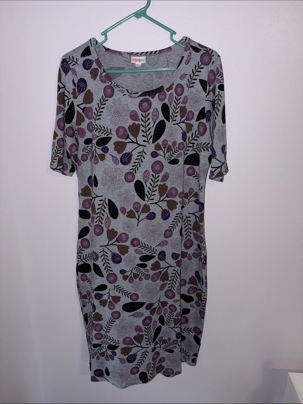 Lularoe “Julia” Dress in Gray with Purple, Brown, and Black Floral Print, sz XL